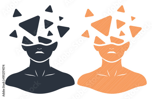 Abstract representation of a person's head fragmenting into geometric shapes, symbolizing thoughts or ideas.