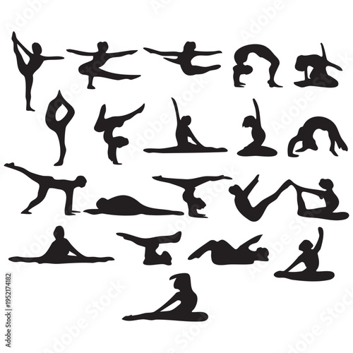 Black silhouettes of people in various yoga poses white