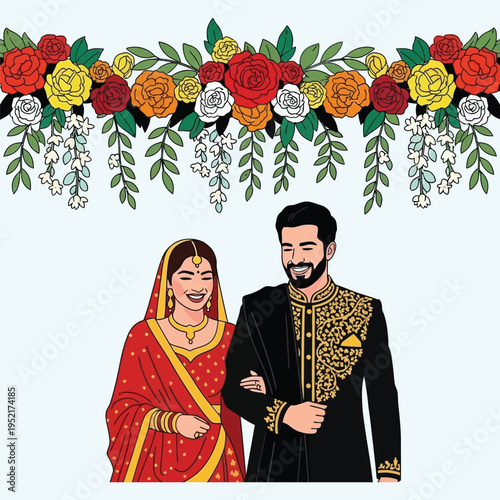 Happy wedding couple in red and black ethnic outfits walking under floral garland decoration
