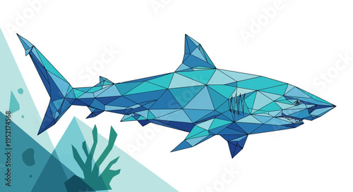 Blue polygonal shark swimming underwater.