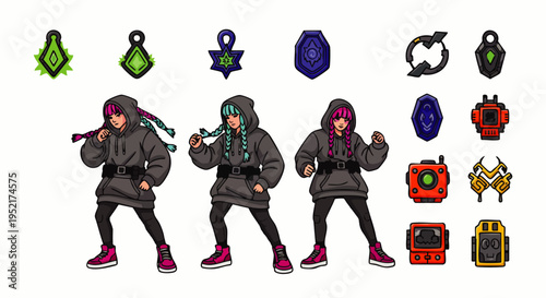 Cyberpunk characters and futuristic icons in pixel art style, vector illustration