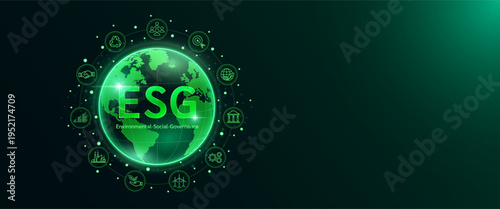 ESG letters Environmental, social, governance in green transparent globe. Sustainable corporation development planning business strategy. Banner vector with space for text.