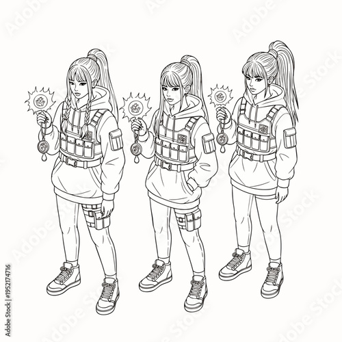 Three anime-style female characters in tactical vests and hoodies, holding glowing orbs, isolated line art