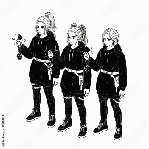 Three young women in black hoodies and checkered leggings holding glowing amulets, representing a magical transformation or power.