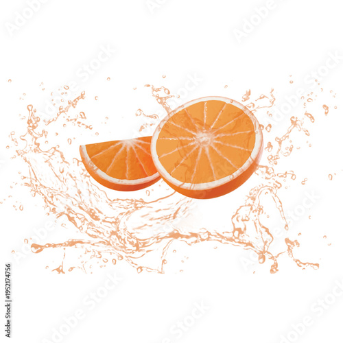 A vibrant illustration of sliced oranges splashing into juice