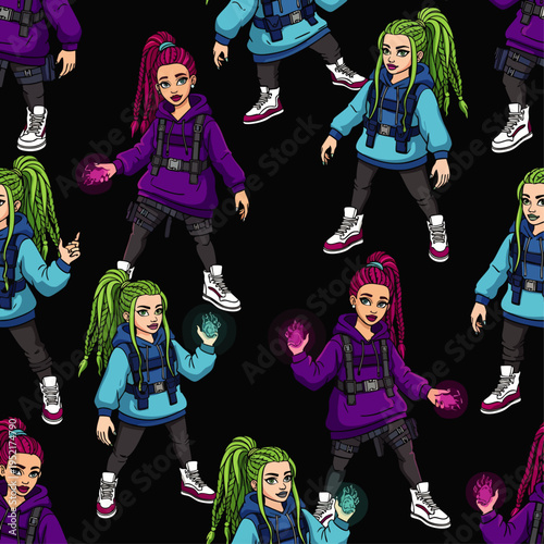 Seamless pattern of young women with colorful braided hair and futuristic clothes casting magic spells on black background
