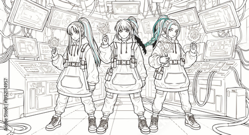 Three anime-style female hackers in a high-tech control room, a detailed line art illustration for coloring books, showcasing a futuristic digital environment and cyber security.