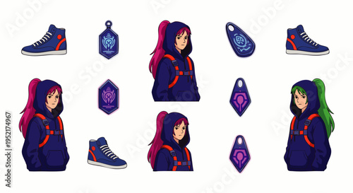 Digital avatar assets: diverse female characters in hoodies with varied hair colors, stylish blue sneakers, and unique collectible badges for gaming or apps.