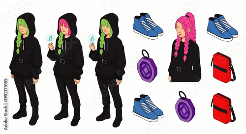 Young Woman in Black Hoodie with Pink and Green Hair, Holding Glowing Orbs, Surrounded by Fashion Accessories