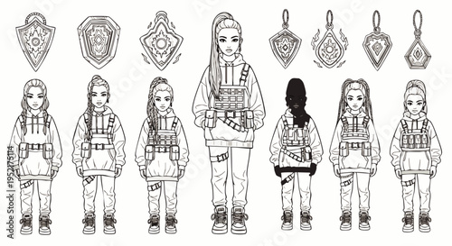 Collection of Anime Style Girls in Tactical Gear and Ornate Pendants, Black and White Line Art Illustration
