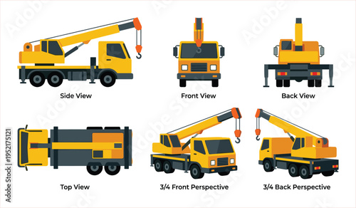 Yellow Mobile Crane in Multiple Views: Side, Front, Back, Top, and Perspectives