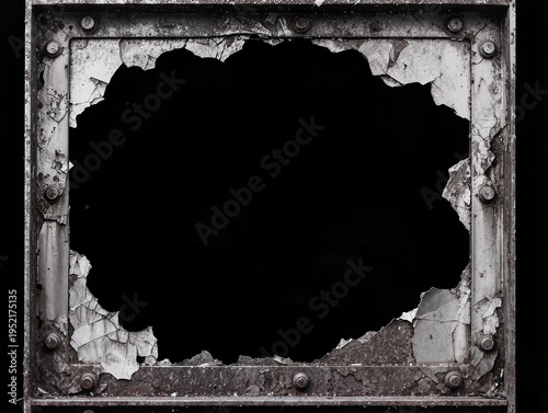 中央にコピースペースがある、退廃的で無機質な金属フレームのモノクロ素材