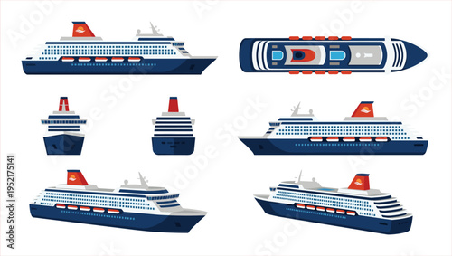 Diverse Perspectives of a Modern Cruise Ship: Side, Top, Front, and Angled Views