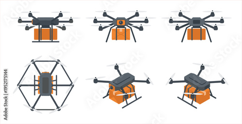 Multiple Drone Designs Delivering Packages from Various Angles and Configurations