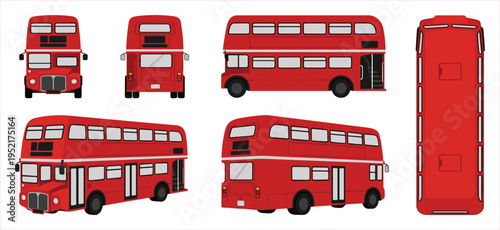 Illustrations of classic red double-decker buses from multiple perspectives on a white background