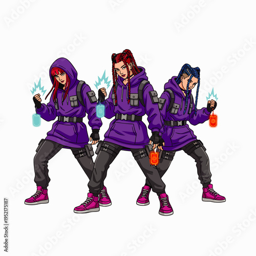 Three diverse young women in stylish purple hoodies and tactical pants, holding spray paint cans and performing a dynamic dance move.