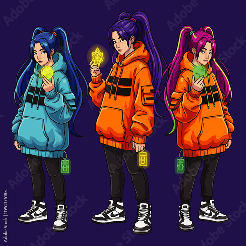 Three anime-style young women in hoodies and sneakers holding glowing magical stars and amulets, diverse hair colors