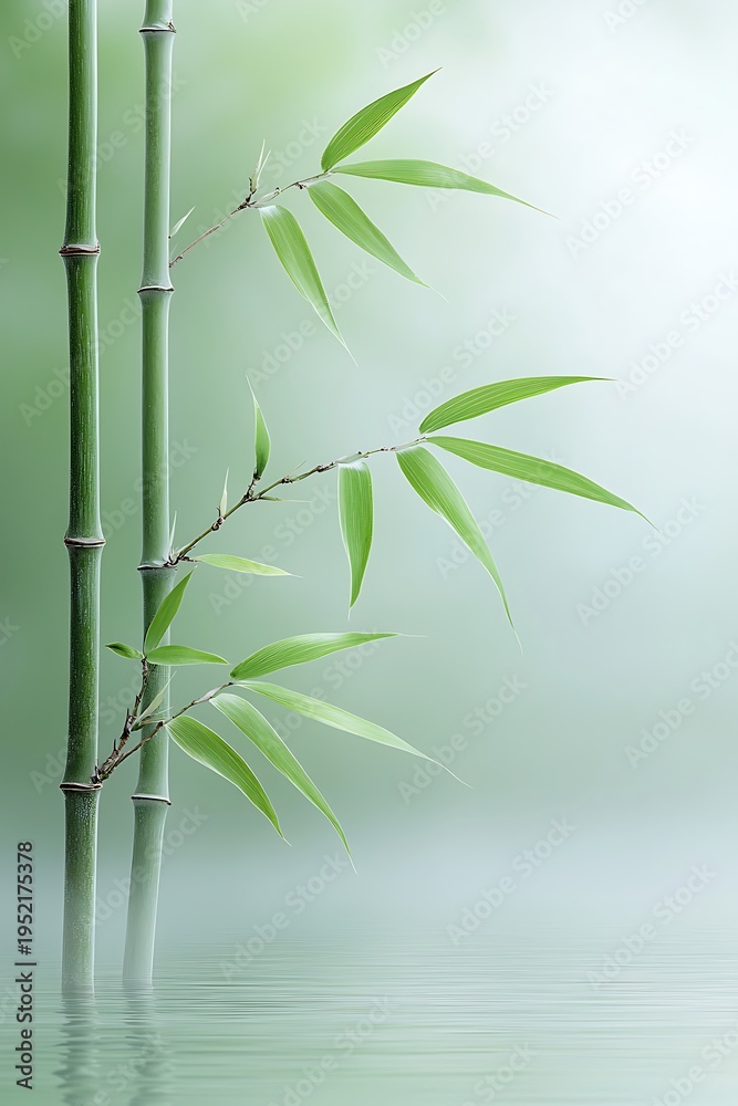 Naklejka premium Tranquil bamboo stalks with delicate green leaves in serene water environment
