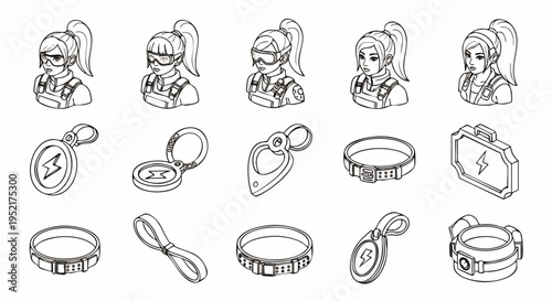Set of isometric line art icons for female characters, tactical gear, and accessories, vector illustration