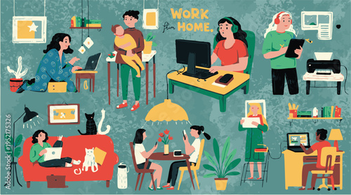 Diverse People Working Remotely From Home Diverse Activities Vector Illustration