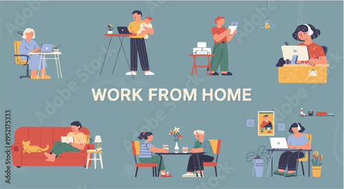 Diverse People Working Remotely From Home Various Activities Vector Style