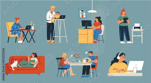 Diverse people working and relaxing with technology at home and office vector illustration