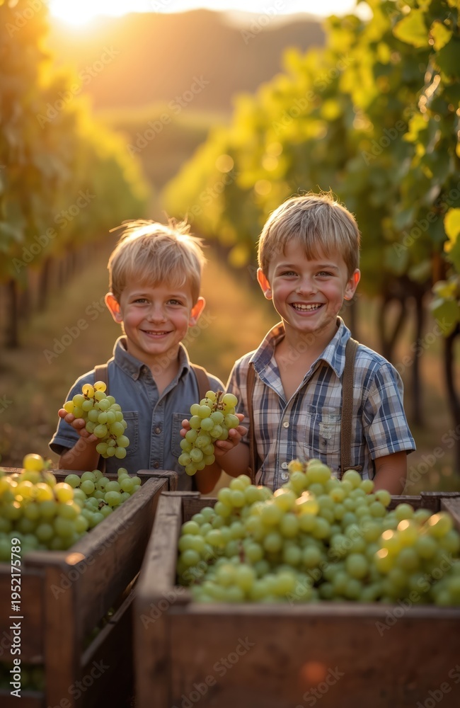 Fototapeta premium Two smiling young boys harvest fresh green grapes in a vineyard during golden hour. They hold bunches of ripe fruit near wooden crates filled with grapes, preparing for wine making.