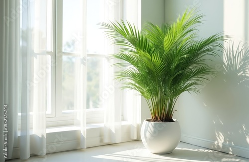 Green potted plant sits near bright window with sheer curtains. Sunlight casts shadows on wall. Minimalist home decor adds natural touch to white room. Space for text.