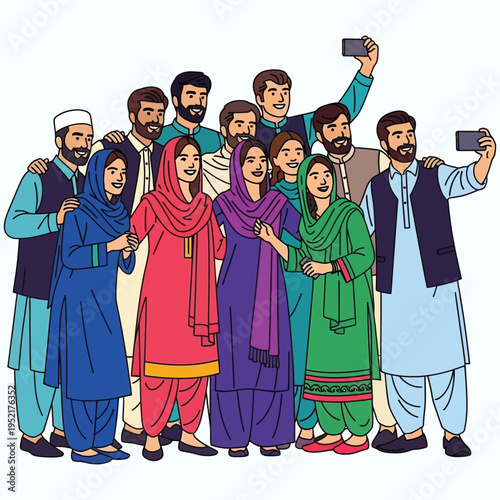 Large group of Pakistani men and women taking selfie together, smiling and posing, people wearing traditional clothes