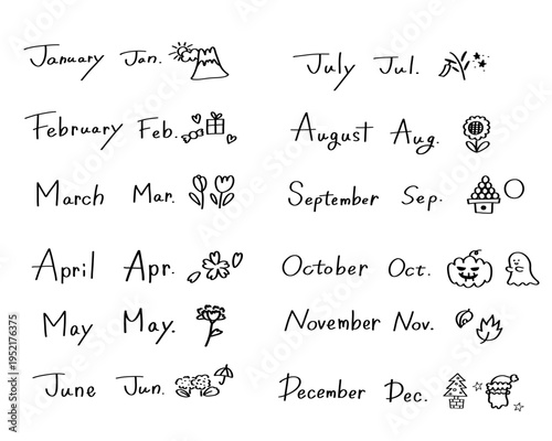 手書きの英語の月セット（1月〜12月・略称・季節のアイコン付き）