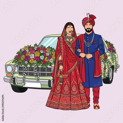 Indian wedding couple posing next to decorated car, bride in red lehenga, groom in blue sherwani, traditional attire