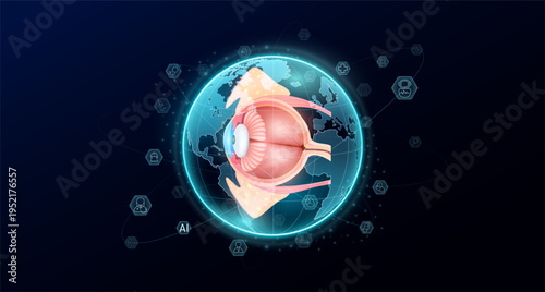 Human organ eyeball in blue transparent globe. Medic science icons surrounded. Medical world future. Global there is increasing importance placed on health care. Vector.
