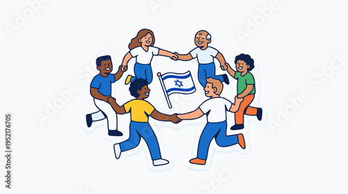 Diverse Multiracial Community People Holding Hands in Circle Around Israeli Flag, Celebrating Unity and Partnership in Modern Flat Line Art Vector Illustration.