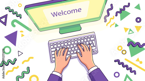Hands typing keyboard, monitor "Welcome" text, digital onboarding, flat line vector, bright color desktop illustration.