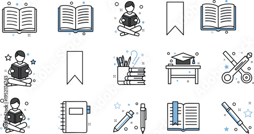 School and education icons set with books students notebooks and stationery, learning concept outline collection for study and academic design vector illustration