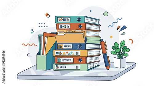 Stacked Office Binders Files, Organized Paperwork with Pen Plant, Business Finance Administration, Modern Flat Outline Vector Illustration