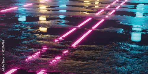 Artistic Neon Reflection on Rainy Street Pavement