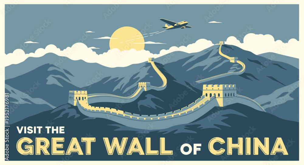 Naklejka premium Great Wall of China Vintage Travel Poster with Airplane and Mountains
