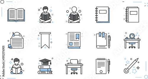 Education icons set with books students study desk notes and graduation elements, learning and school concept modern outline vector illustration collection