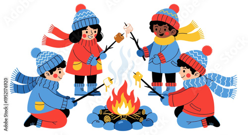 Children roasting marshmallows around a campfire in winter