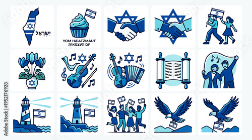 Israel national symbols collection with flags, map, people, culture elements for patriotism, Independence Day, heritage in blue line art doodle style vector icon illustration set