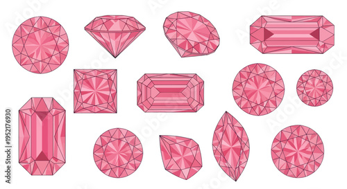 Collection of Pink Gemstones and Diamonds with Various Cuts on White Background