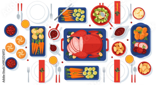 Festive Holiday Dinner Table Setting with Roasted Turkey, Ham, and Vegetables