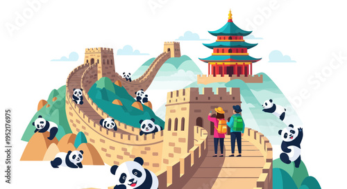 Great Wall China, Pandas, Tourists, Traditional Pagoda Architecture, Scenic Landscape
