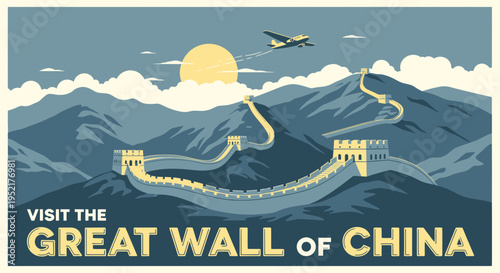 Schilderij op canvas Great Wall of China Vintage Travel Poster with Airplane and Mountains