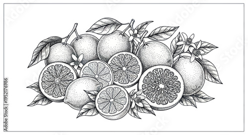 Hand-Drawn Citrus Fruits with Leaves and Blossoms - Black and White Sketch