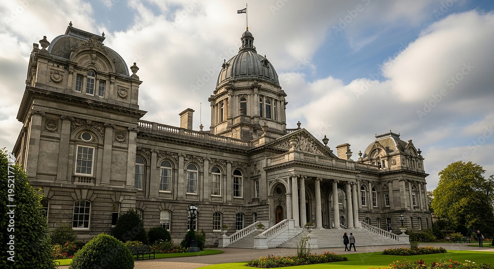 Obraz premium Historic Mansion Building with Grand Staircase and Domed Tower Under Cloudy Sky