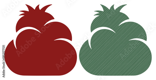 Two simplified stylized tomatoes, one solid red and one green with hatching texture