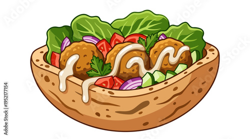 Falafel Pita Sandwich filled with fresh vegetables and creamy tahini sauce, healthy Middle Eastern cuisine in vibrant cartoon vector style, isolated on white background.