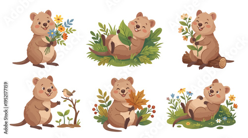 A charming collection of cute cartoon quokkas depicted in various joyful daily activities, enjoying nature's beauty from holding wildflowers to relaxing in lush green grass and autumn leaves
